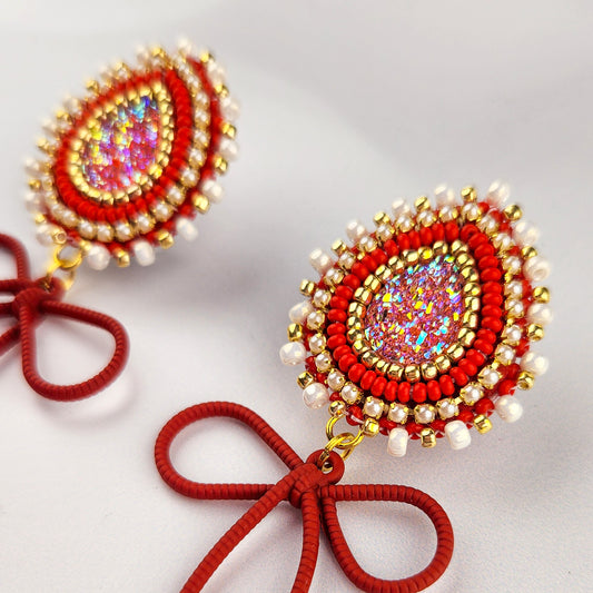 Christmas Red Bow Hand Beaded Dangle Earrings
