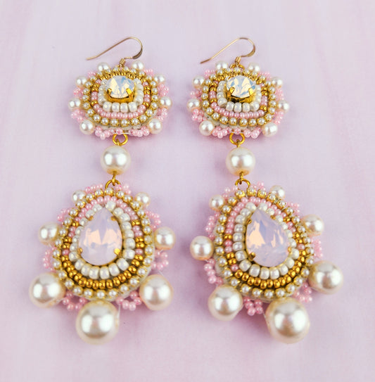 Iridescent Pink Victorian Baroque Inspired Hand Beaded Earrings