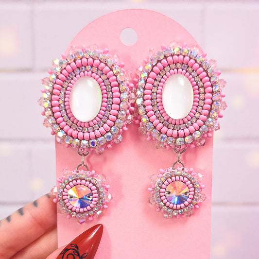Large Pink Crystal Beaded Earrings