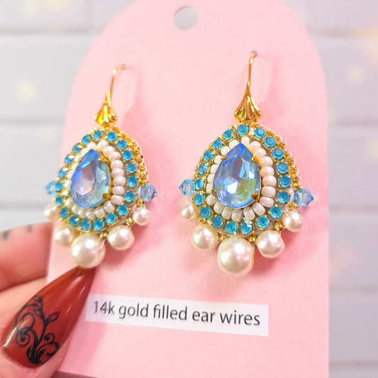 Blue Beaded Pearl and Crystal Earrings