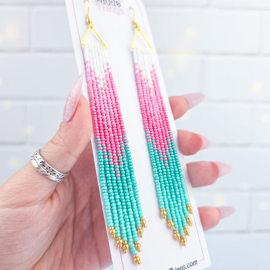 Long Trans Pride Beaded Fringe Earrings