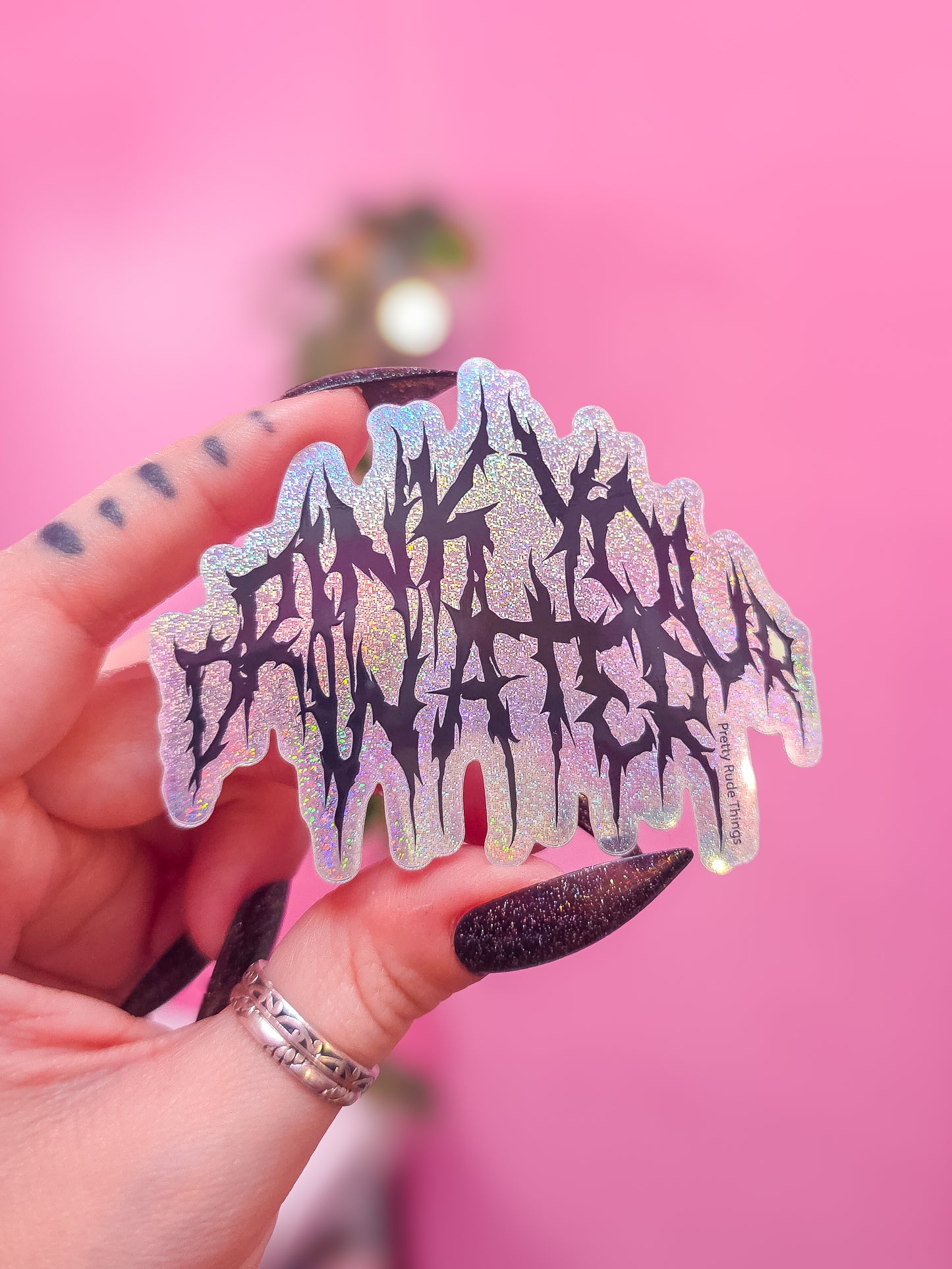 Heavy Metal Band Font Drink Your Water Holographic Sticker, 3 x 2.4 in