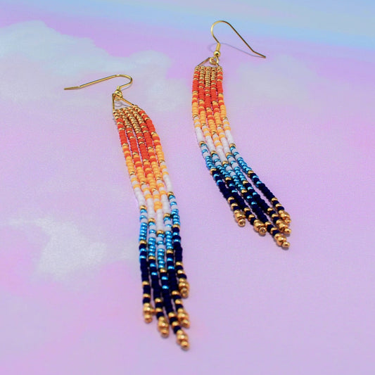 Aroace Sunset Pride Beaded Silver Fringe Earrings