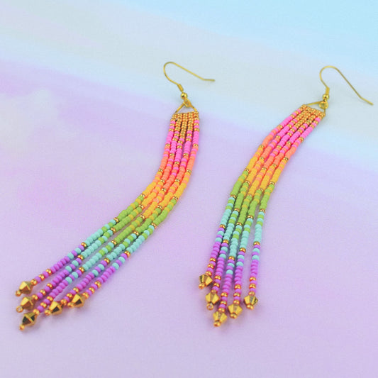 Pastel Rainbow Gold Beaded Fringe Earrings