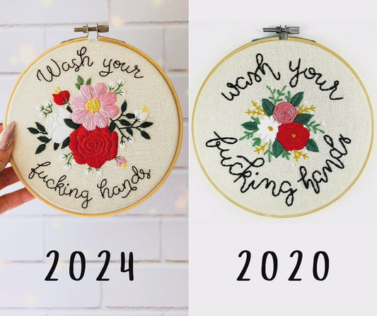 A side by side of the 2024 version of this embroidery pattern next to the 2020 version.