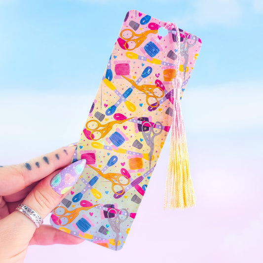 Embroidery holographic bookmark with tassel – colorful sewing supplies pattern, laminated handmade gift for crafters and readers