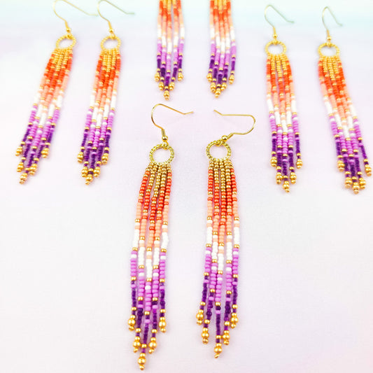 Lesbian Flag Color Beaded Fringe Earrings