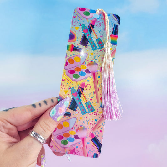 Makeup holographic bookmark with tassel – colorful beauty pattern laminated handmade gift for readers