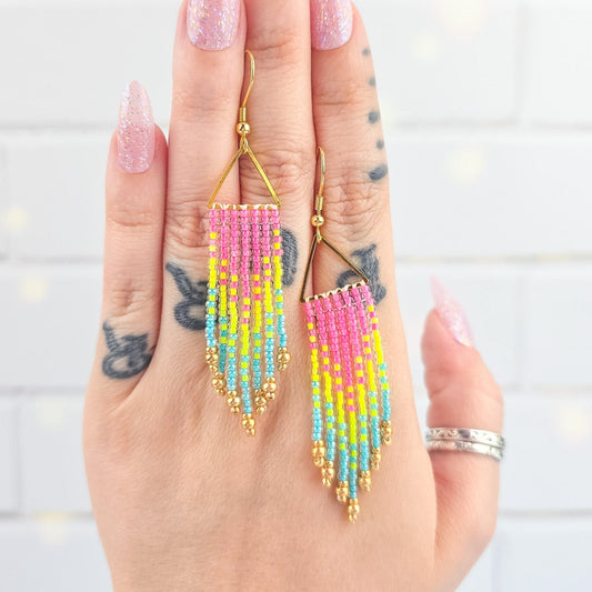 Pansexual Pride Neon Beaded Fringe Earrings