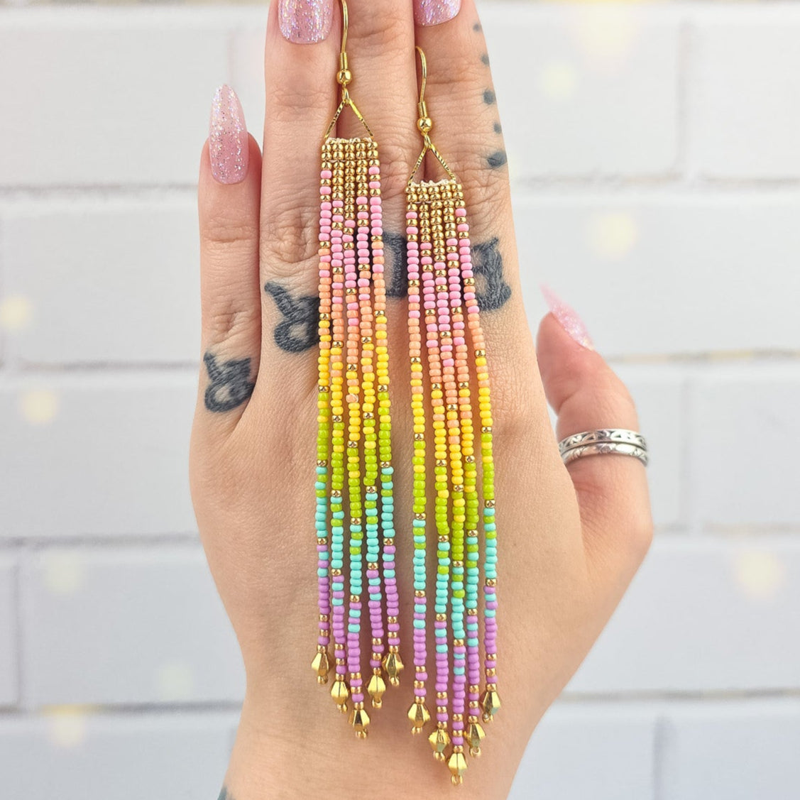Pastel Rainbow Gold Beaded Fringe Earrings