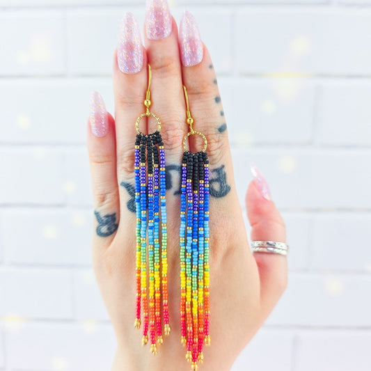 Gold Rainbow Fringe Beaded Earrings
