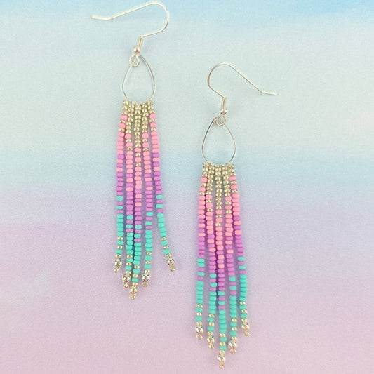 Bisexual Pride Beaded Silver Fringe Earrings