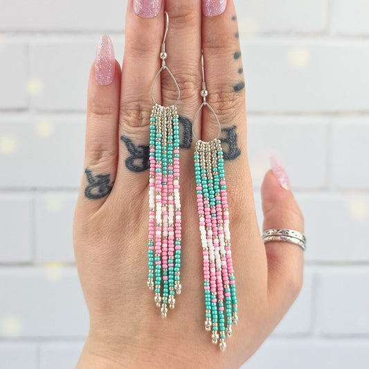 Trans Pride Silver Beaded Fringe Earrings