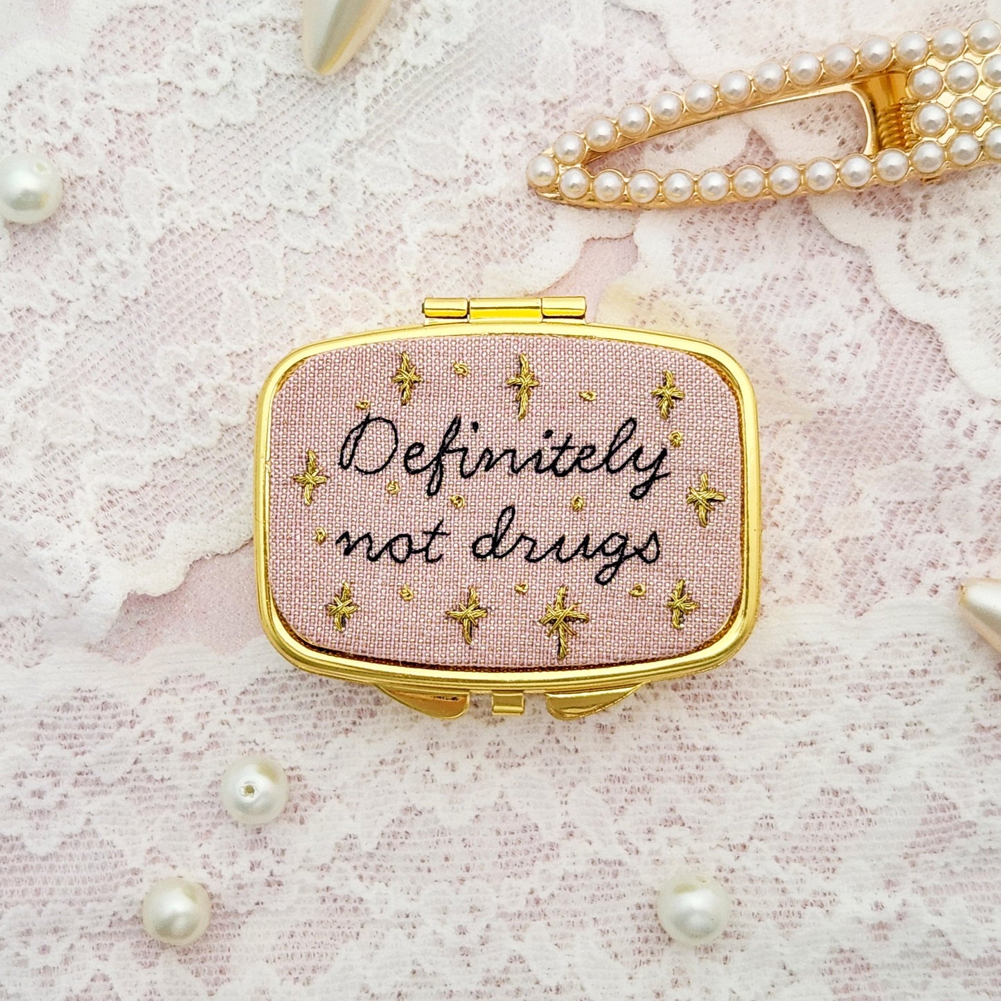 Copy of Small Embroidered Compact Mirror Pill Case for Whitney