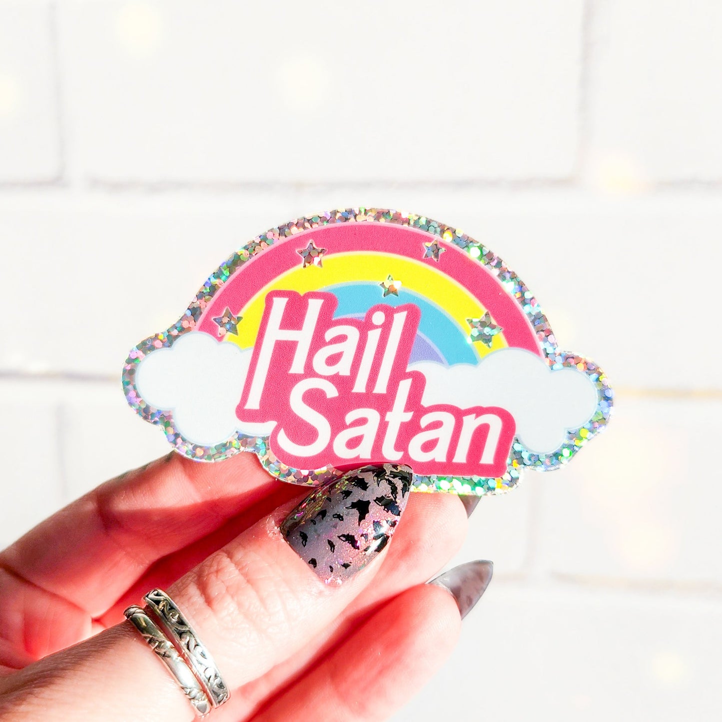 Rainbow Hail Satan Holographic Sticker, 3 x 2 in.