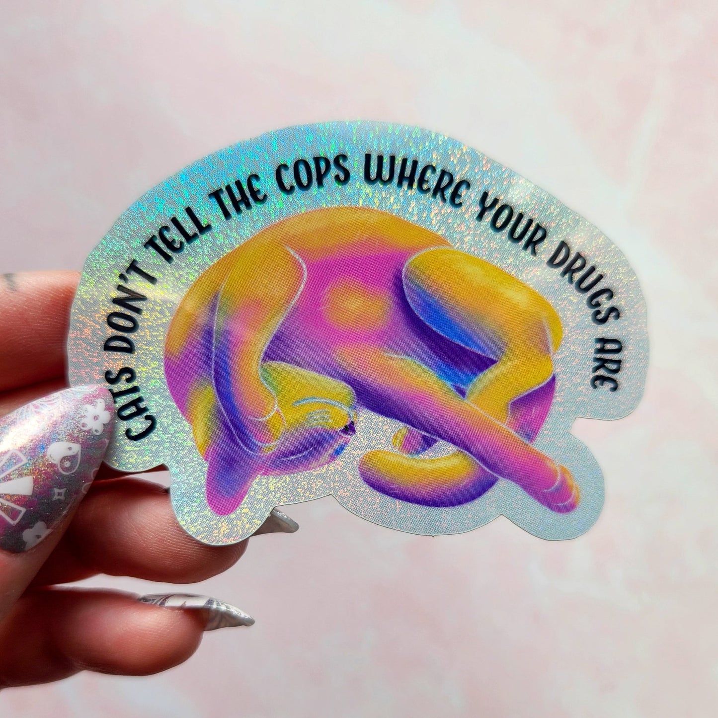 Cats don't tell the cops where your drugs are holographic sticker, 3 x 2.2 in