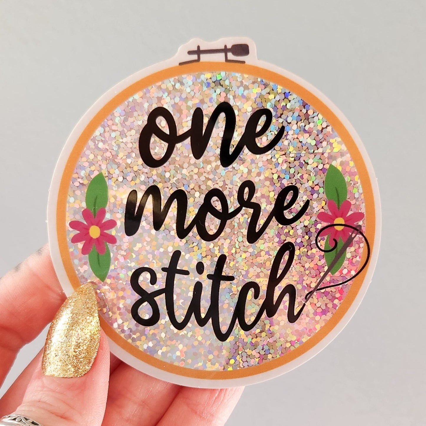 One More Stitch - Embroidery Holographic Sticker, 3 x 3.1 in