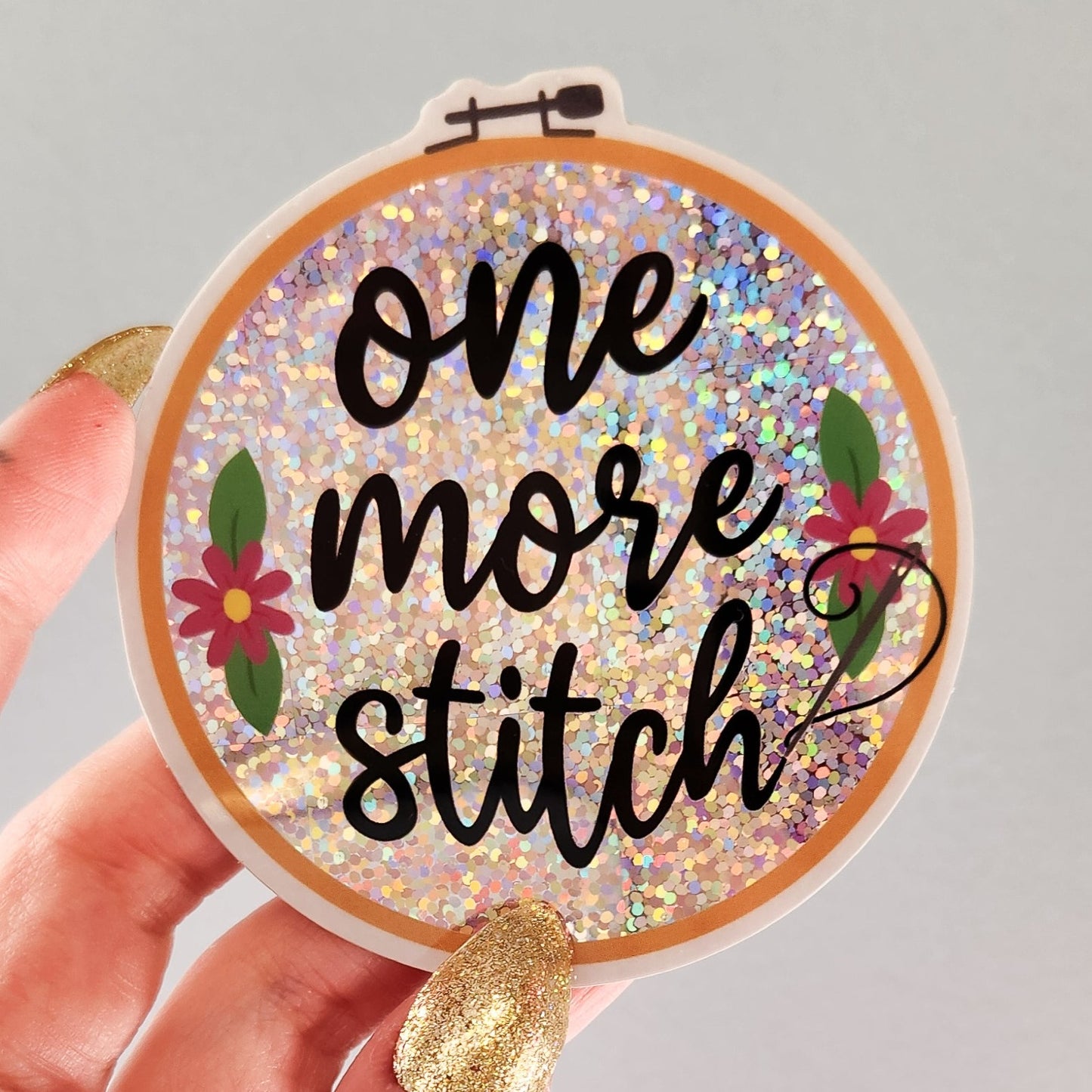 One More Stitch - Embroidery Holographic Sticker, 3 x 3.1 in