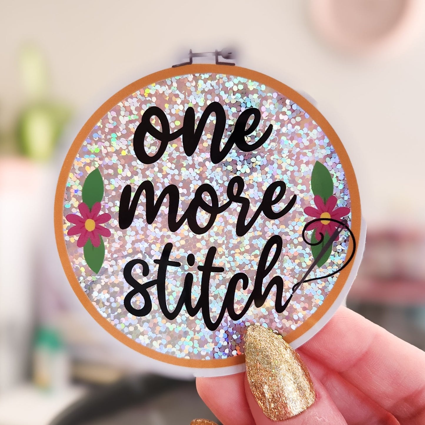 One More Stitch - Embroidery Holographic Sticker, 3 x 3.1 in