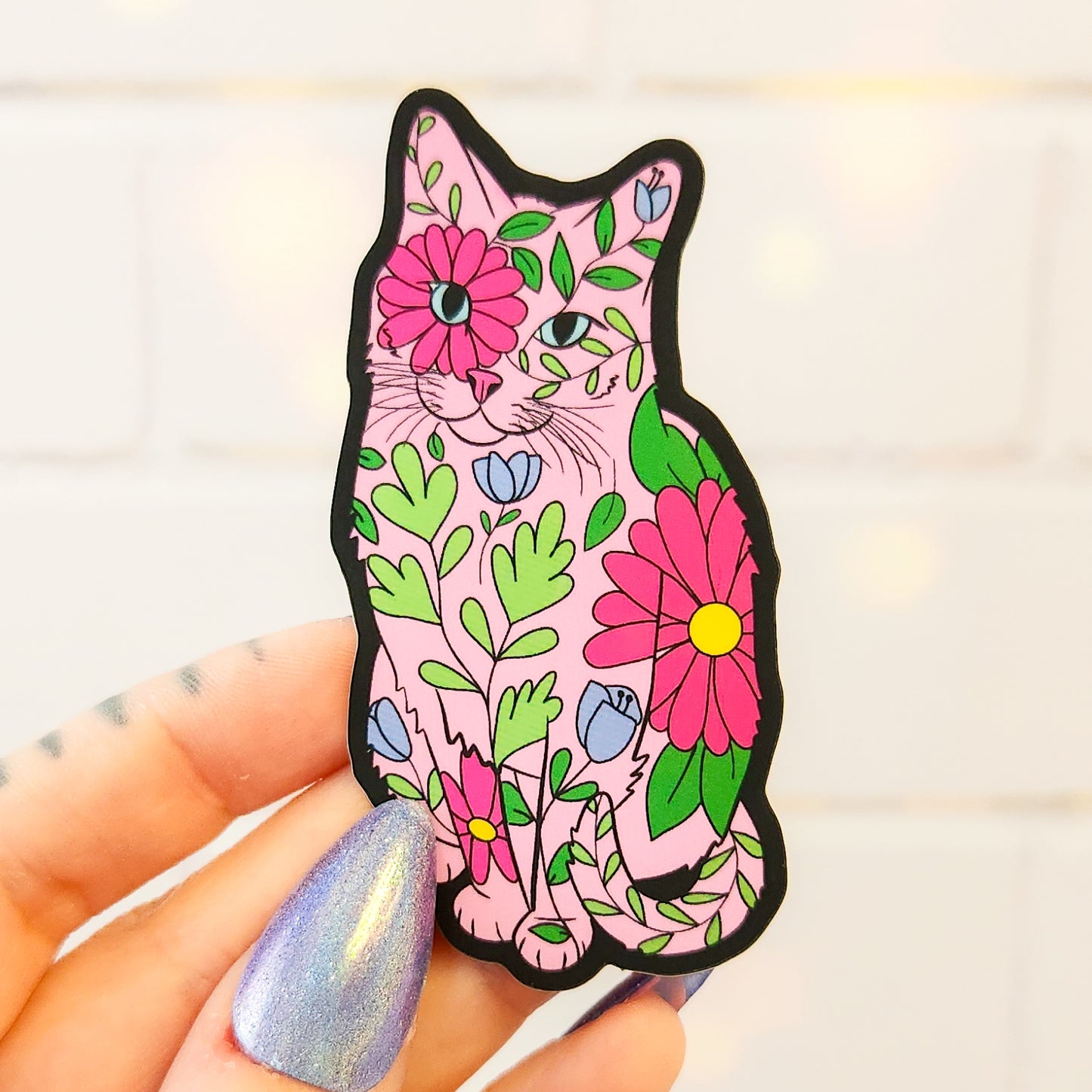 Floral Cat Sticker, 1.5 x 3 in.