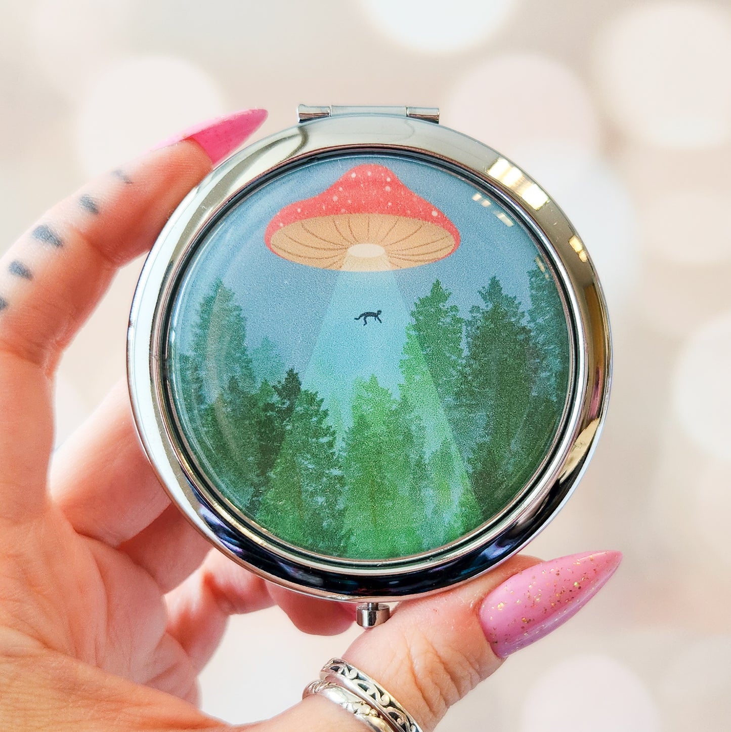 Mushroom UFO - Silver Compact Mirror/Pill Holder, 2.75" x .5"