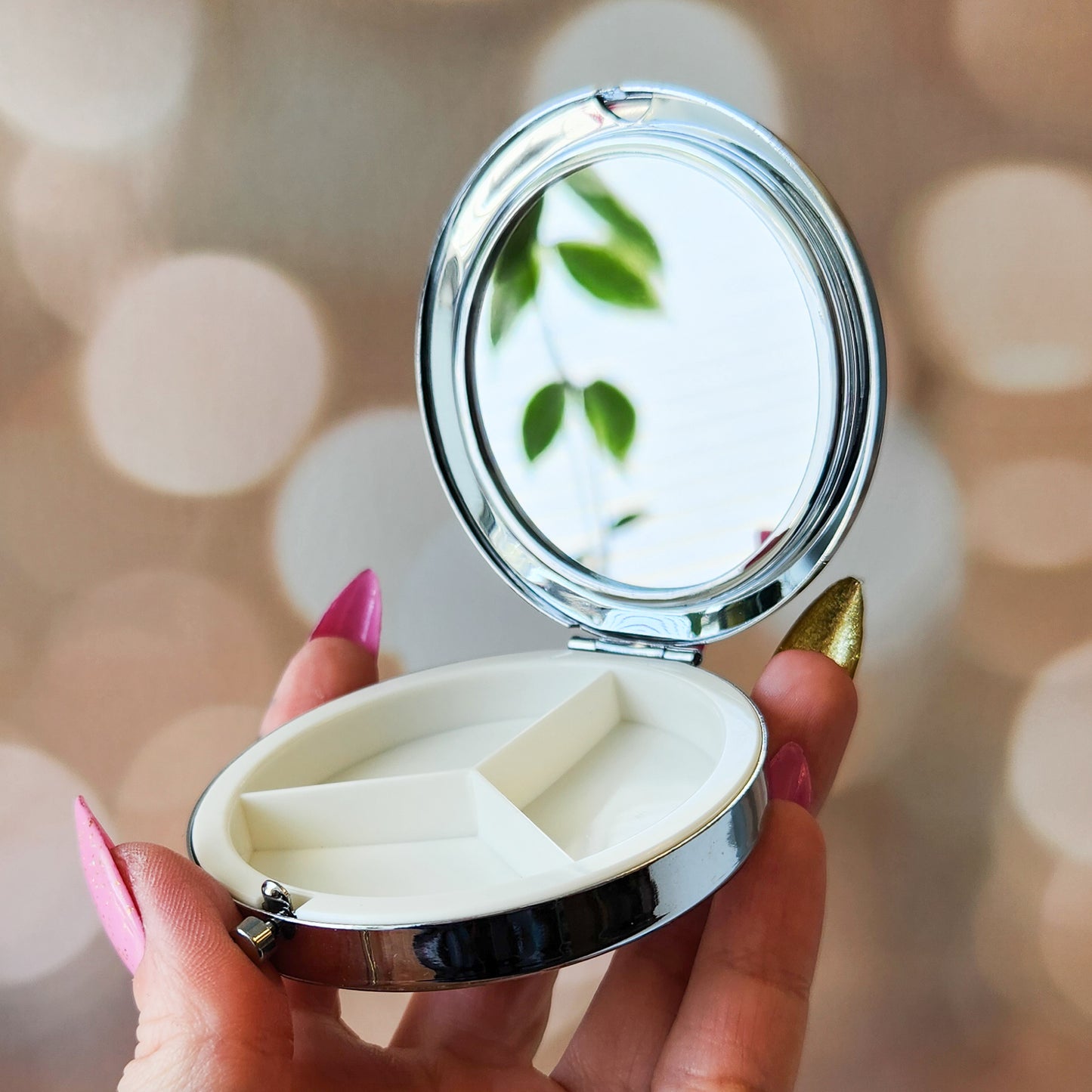 Mushroom UFO - Silver Compact Mirror/Pill Holder, 2.75" x .5"