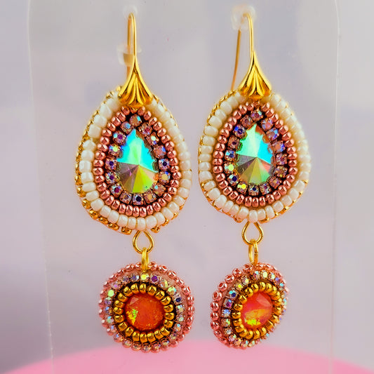 Iridescent Gold Hand Beaded Dangle Earrings