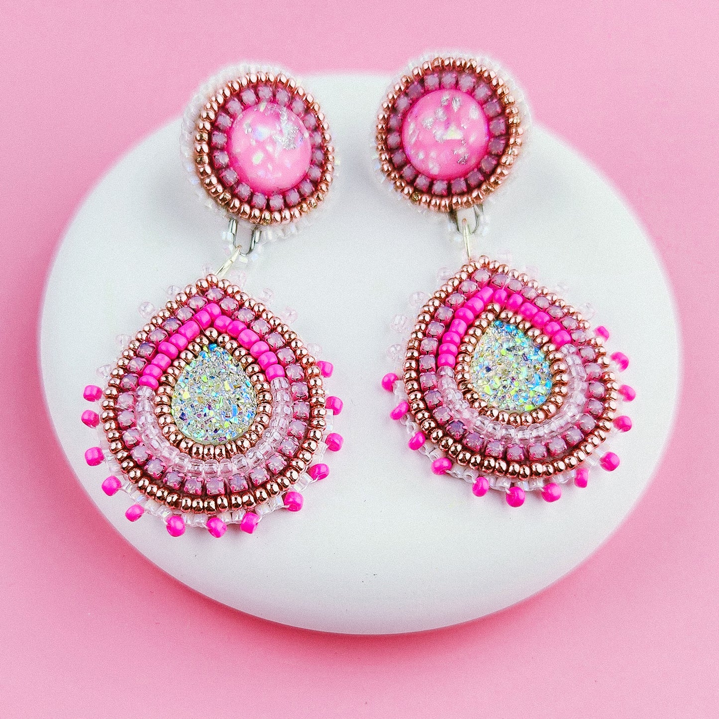 Pink Dangle Hand Beaded Earrings