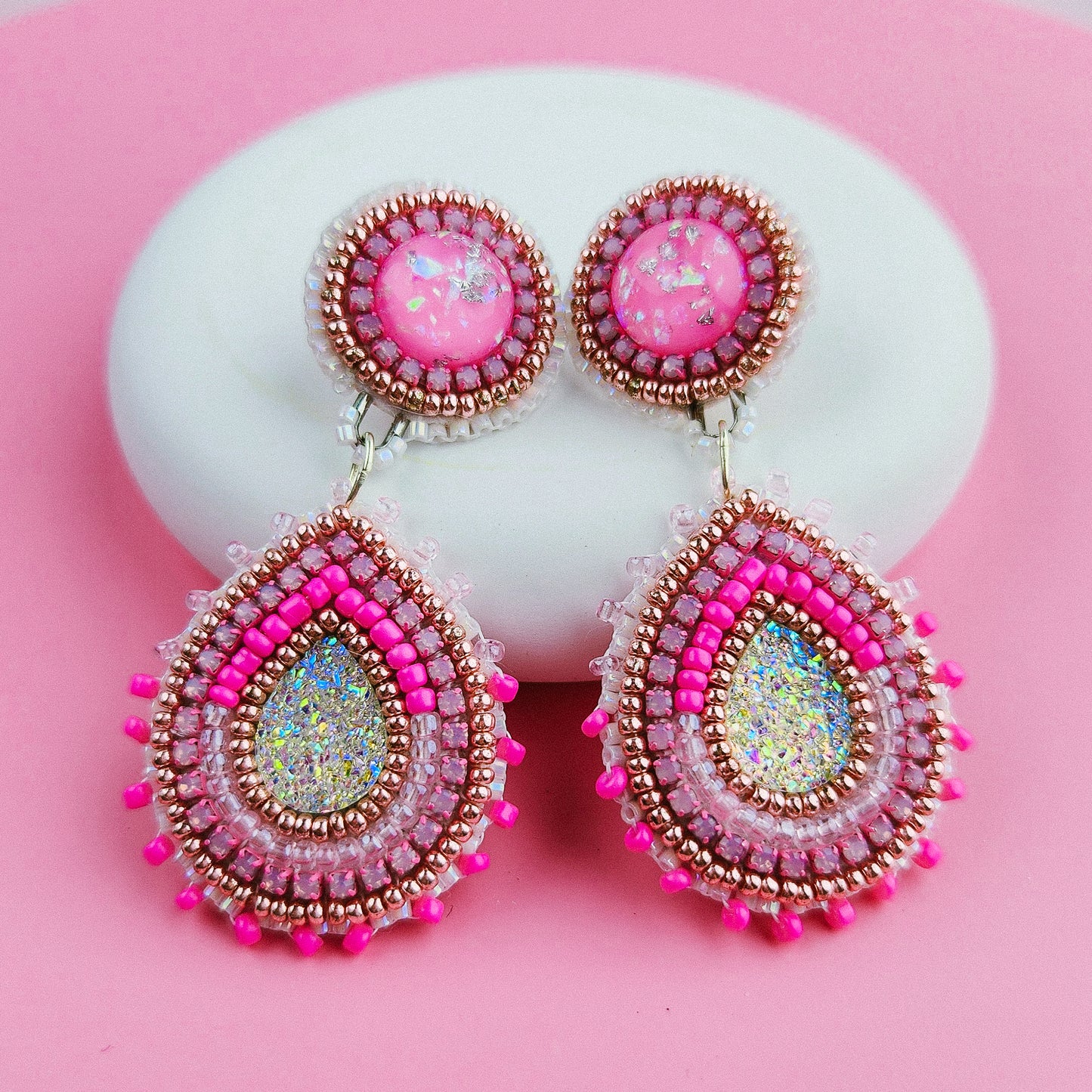 Pink Dangle Hand Beaded Earrings