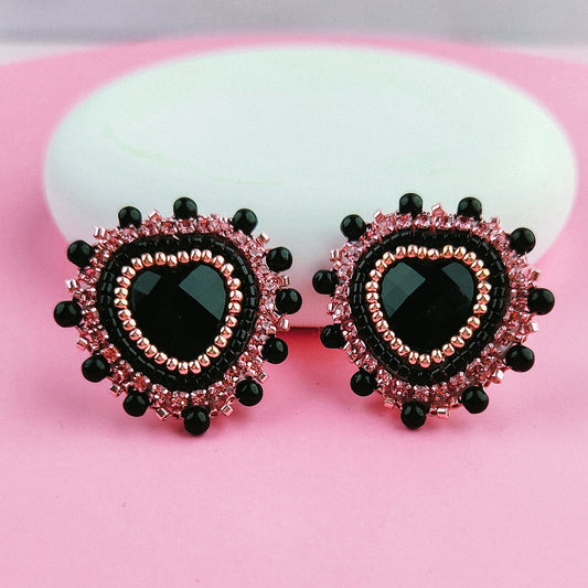 Pink and Black Hearts Hand Beaded Earrings 1.25 x 1.25 in.