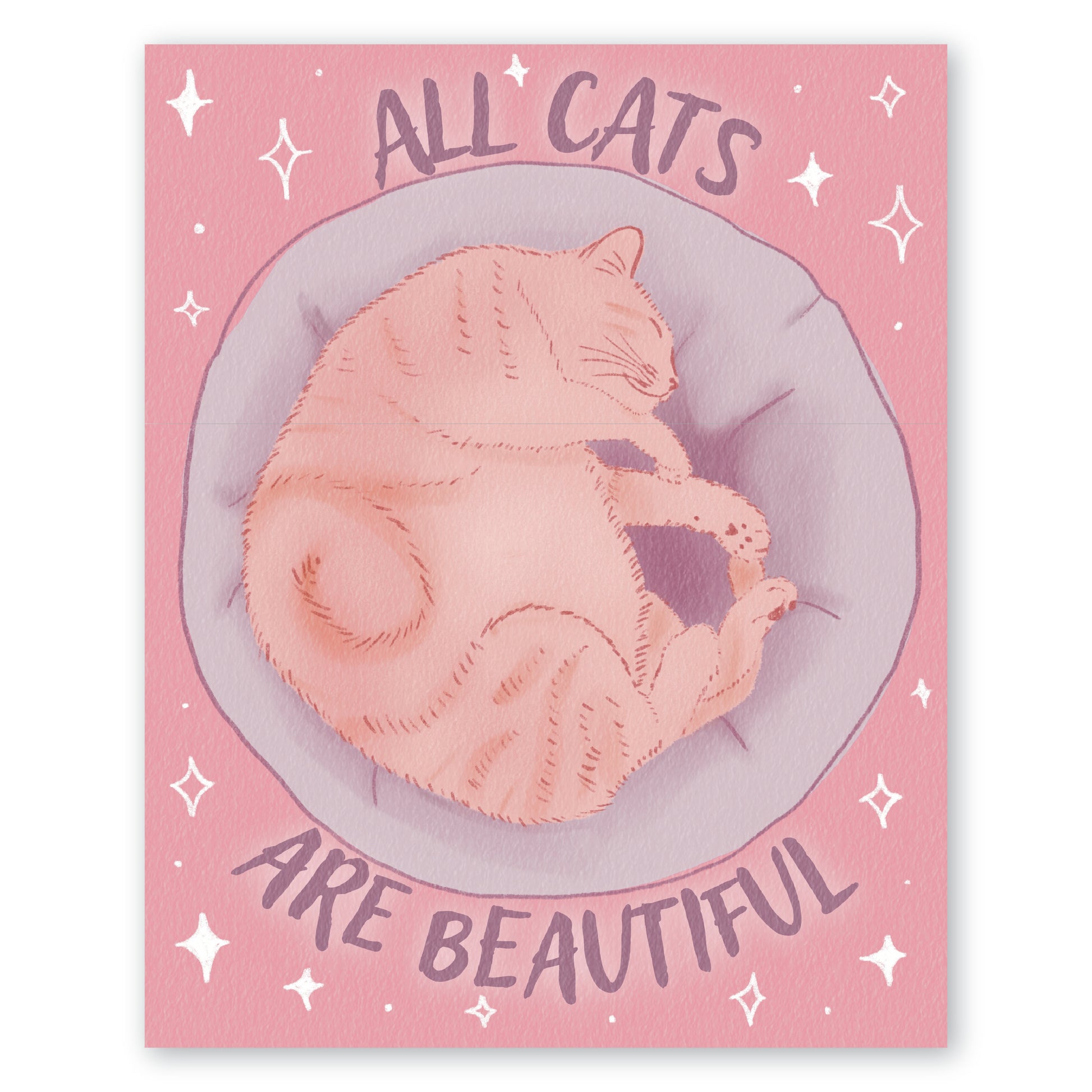 Orange tabby cat art print with the quote All Cats Are Beautiful (ACAB), pastel pink and lavender illustration
