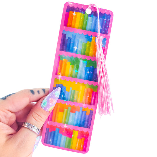 Pink bookcase holographic bookmark with tassel – colorful rainbow bookshelf design, handmade laminated book accessory