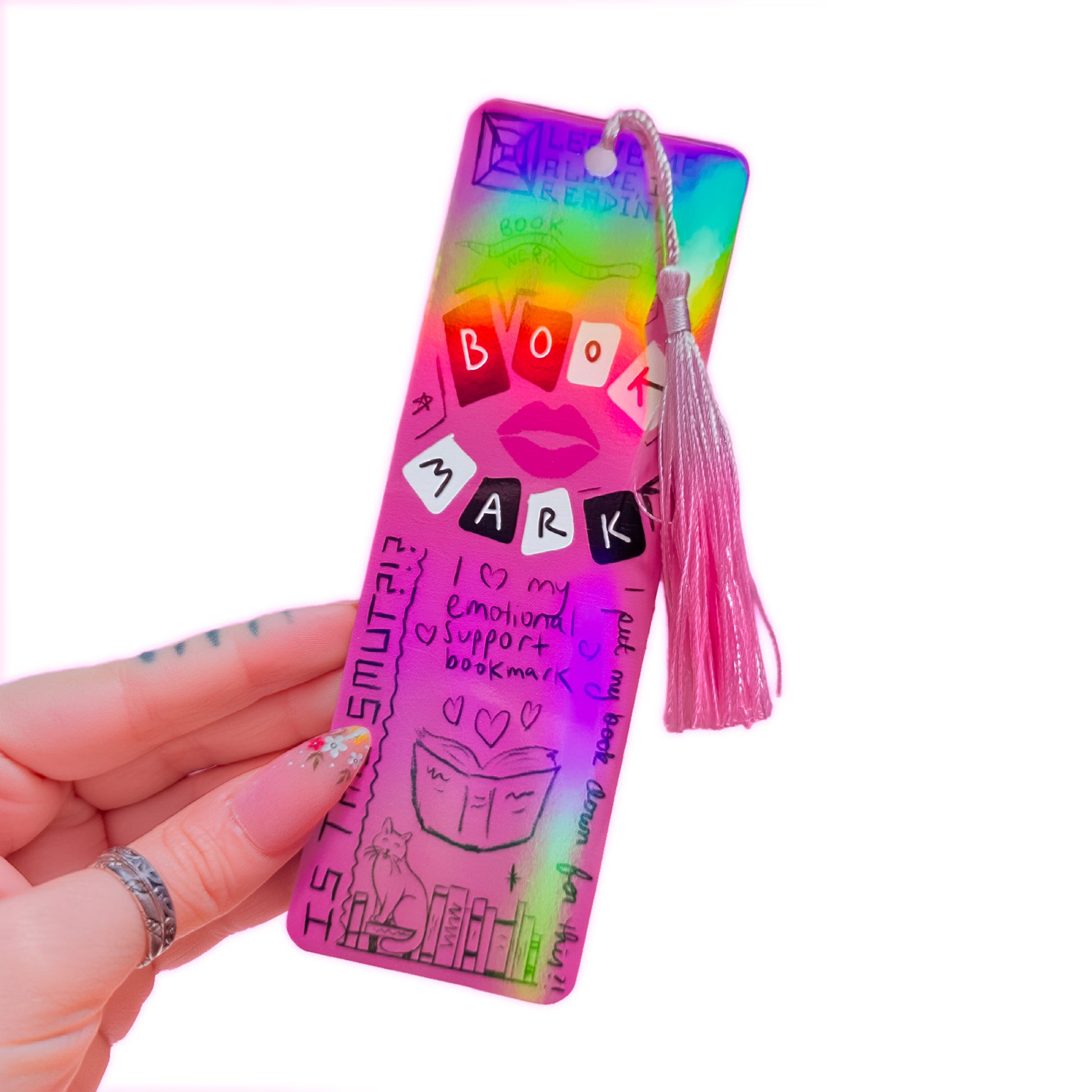 Mean Girls inspired burn book holographic bookmark with tassel on a white background