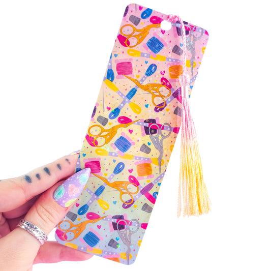 Embroidery holographic bookmark with tassel – colorful sewing supplies pattern, laminated handmade gift for crafters and readers