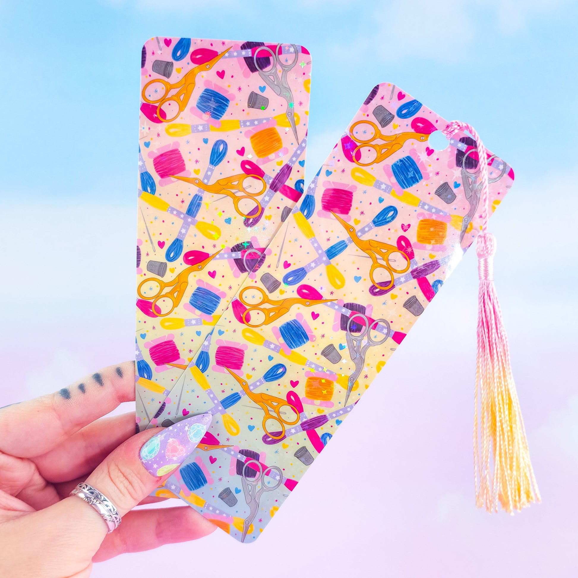 Embroidery holographic bookmarks – handmade colorful sewing supply designs, laminated with or without tassel option