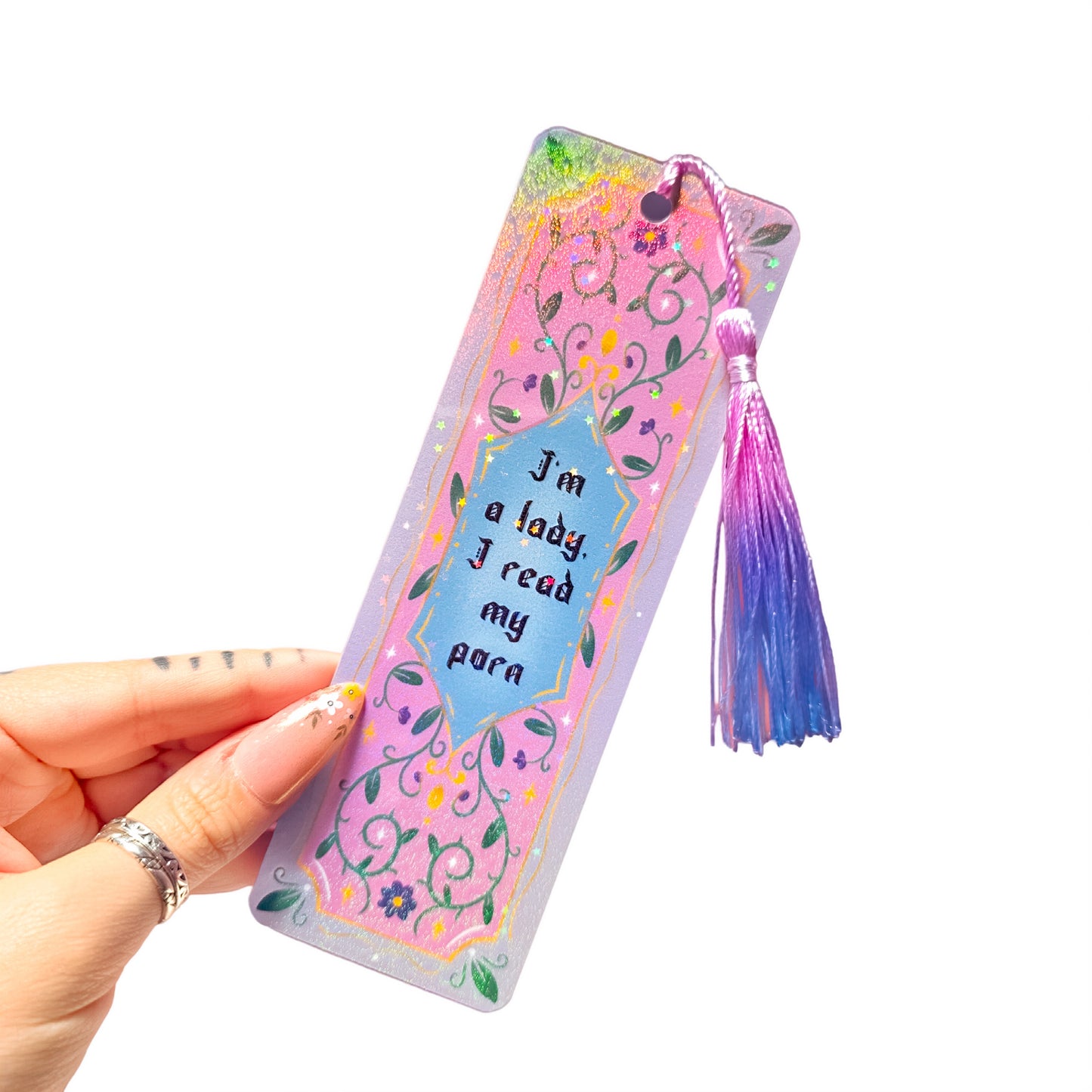 I'm a lady, I read my porn fairytale holographic bookmark with tassel on a white background
