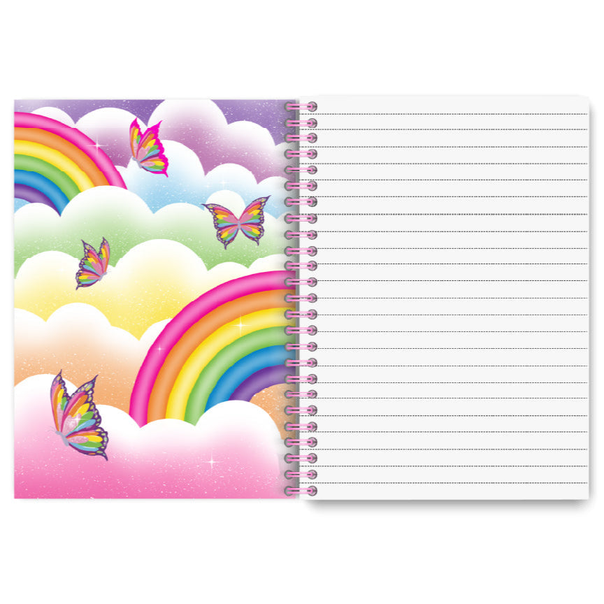 Notebook with colorful rainbow and butterfly design on the cover