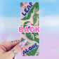 Back of holographic Leaf Me Alone bookmark – glossy laminated pink princess philodendron leaves, handmade by Pretty Rude Things