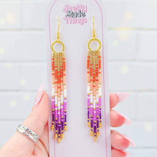 Lesbian Flag Color Beaded Fringe Earrings