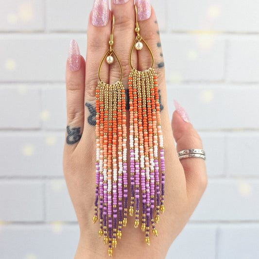 Long Lesbian Flag Color Beaded Fringe Earrings with Pearl