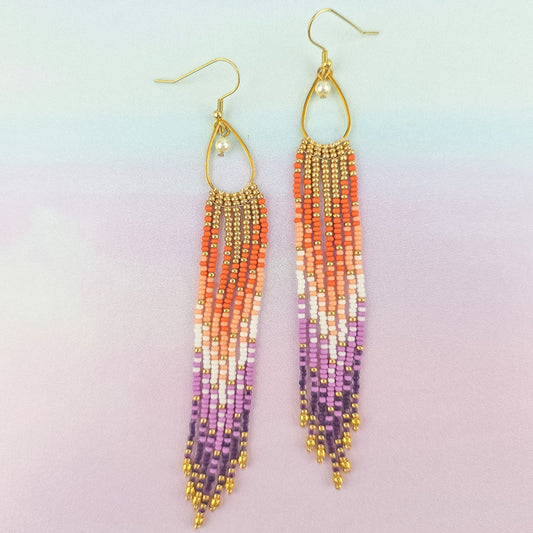 Long Lesbian Flag Color Beaded Fringe Earrings with Pearl