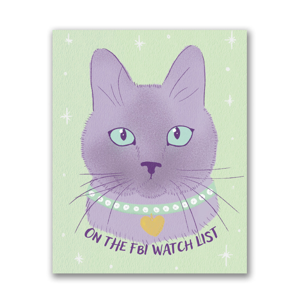 Purple illustrated portrait of a Siamese cat with teal eyes and a pearl collar with gold heart charm on a mint green background, captioned On the FBI Watch List