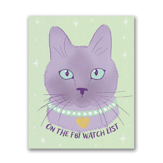 Purple illustrated portrait of a Siamese cat with teal eyes and a pearl collar with gold heart charm on a mint green background, captioned On the FBI Watch List