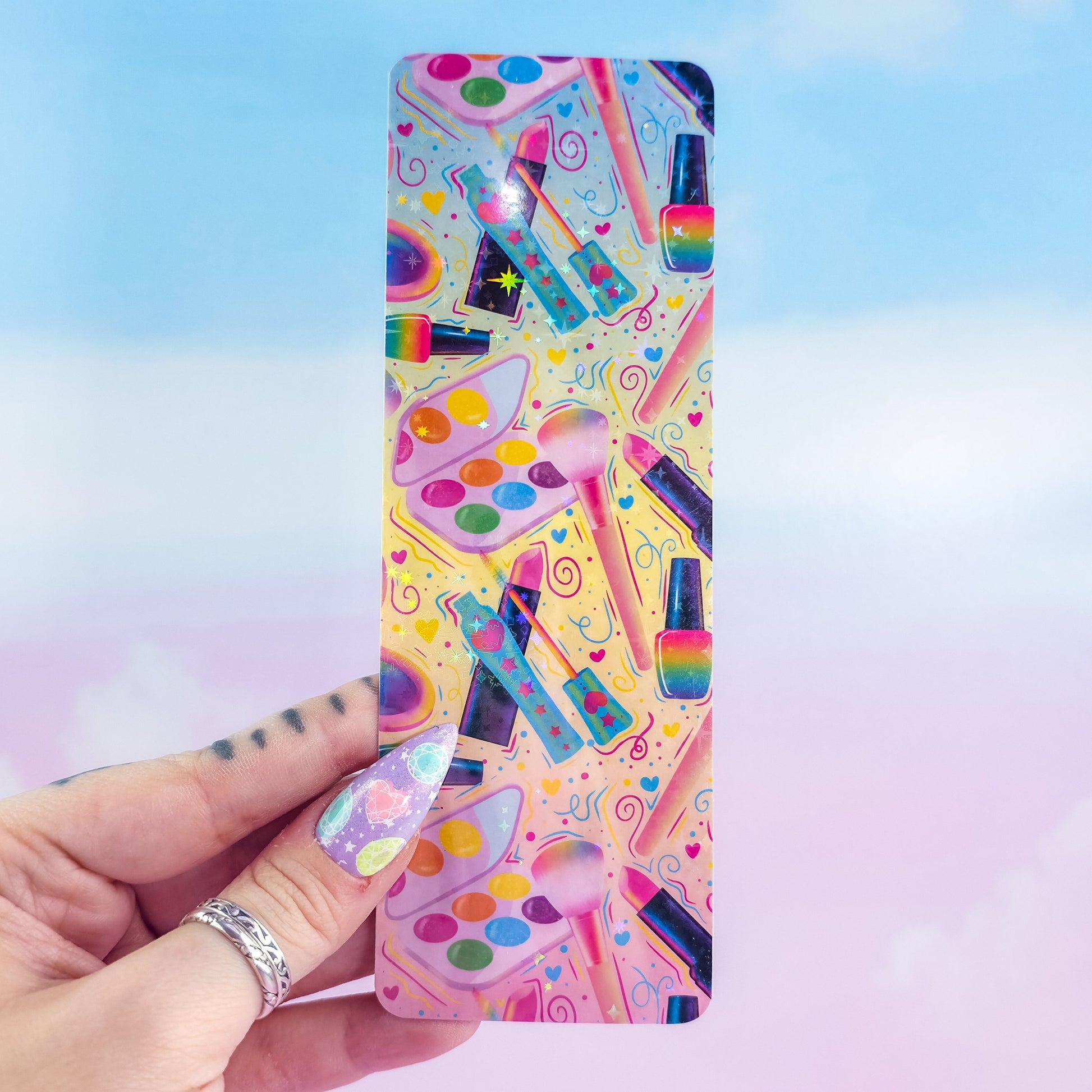 Makeup holographic bookmark – glossy laminated colorful beauty theme handmade book accessory