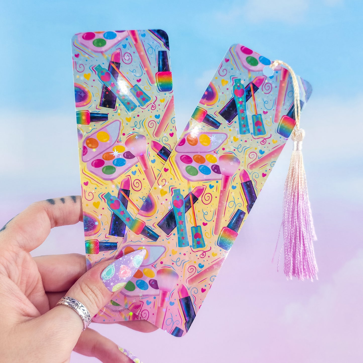 Makeup holographic bookmarks – laminated colorful beauty stationery gifts with tassel option