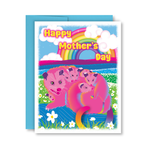 Colorful Mother's Day card with cartoon characters and rainbow