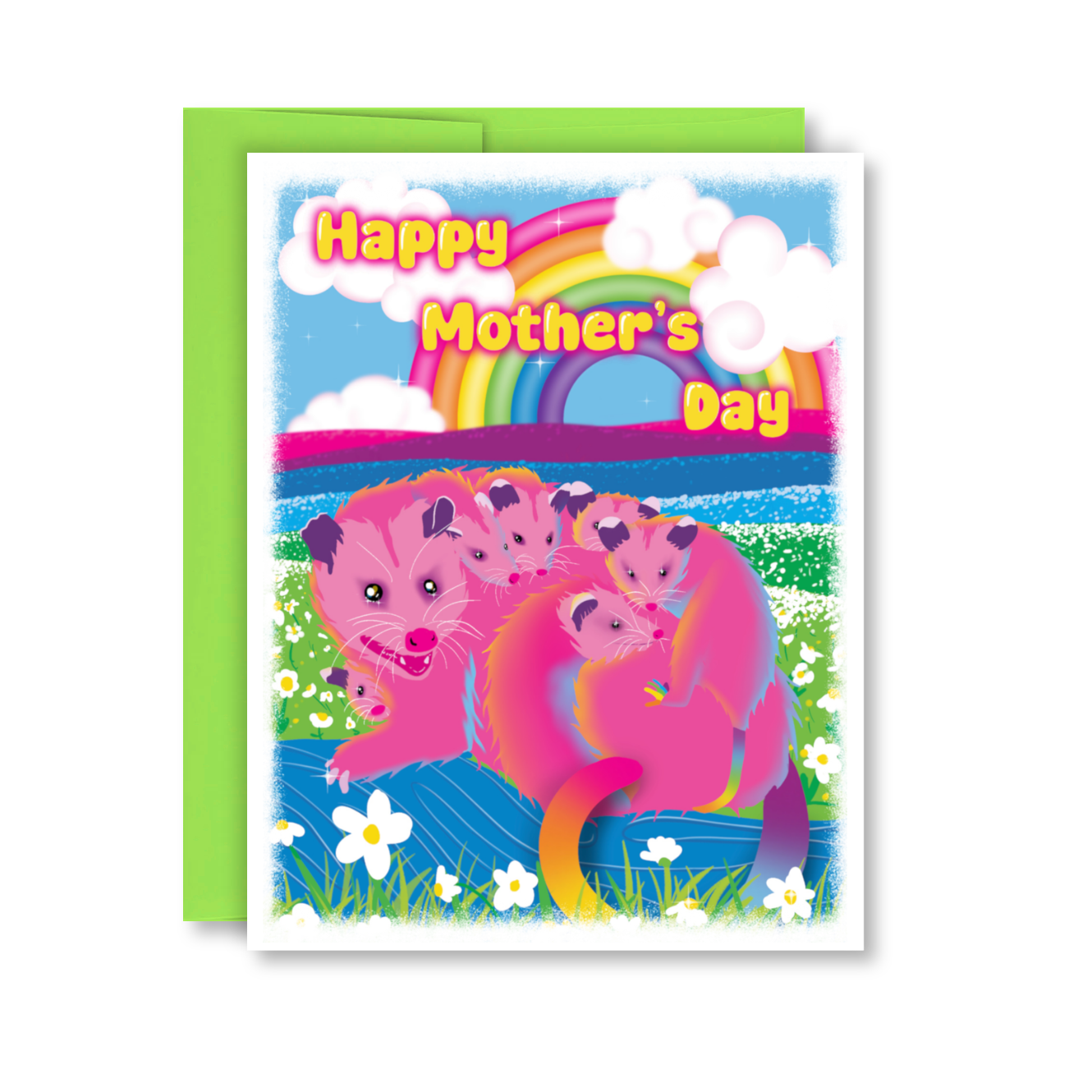 Colorful Mother's Day card with cartoon characters and rainbow