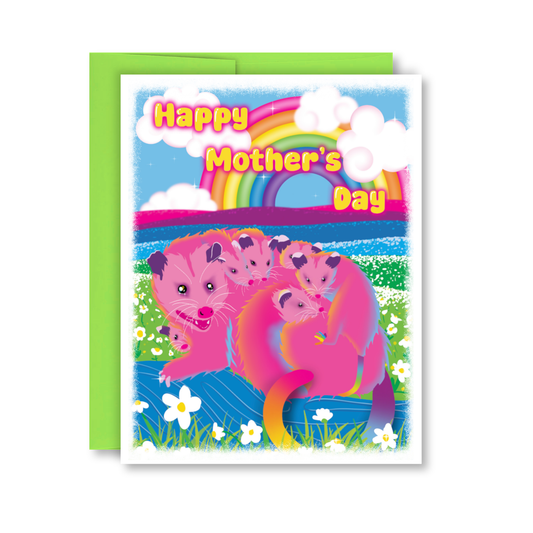 Colorful Mother's Day card with cartoon characters and rainbow