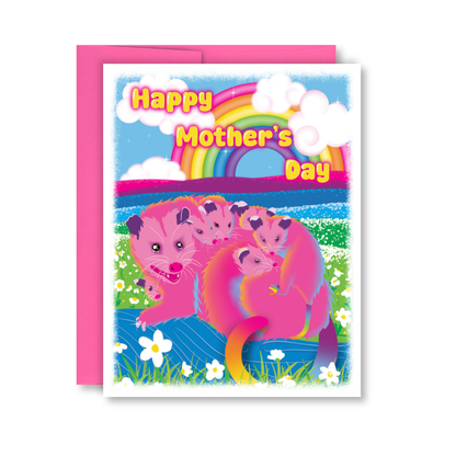 Mother's Day card with cartoon characters and rainbow on a white background