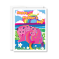 Mother's Day card with pink possum family and rainbow on a blue background